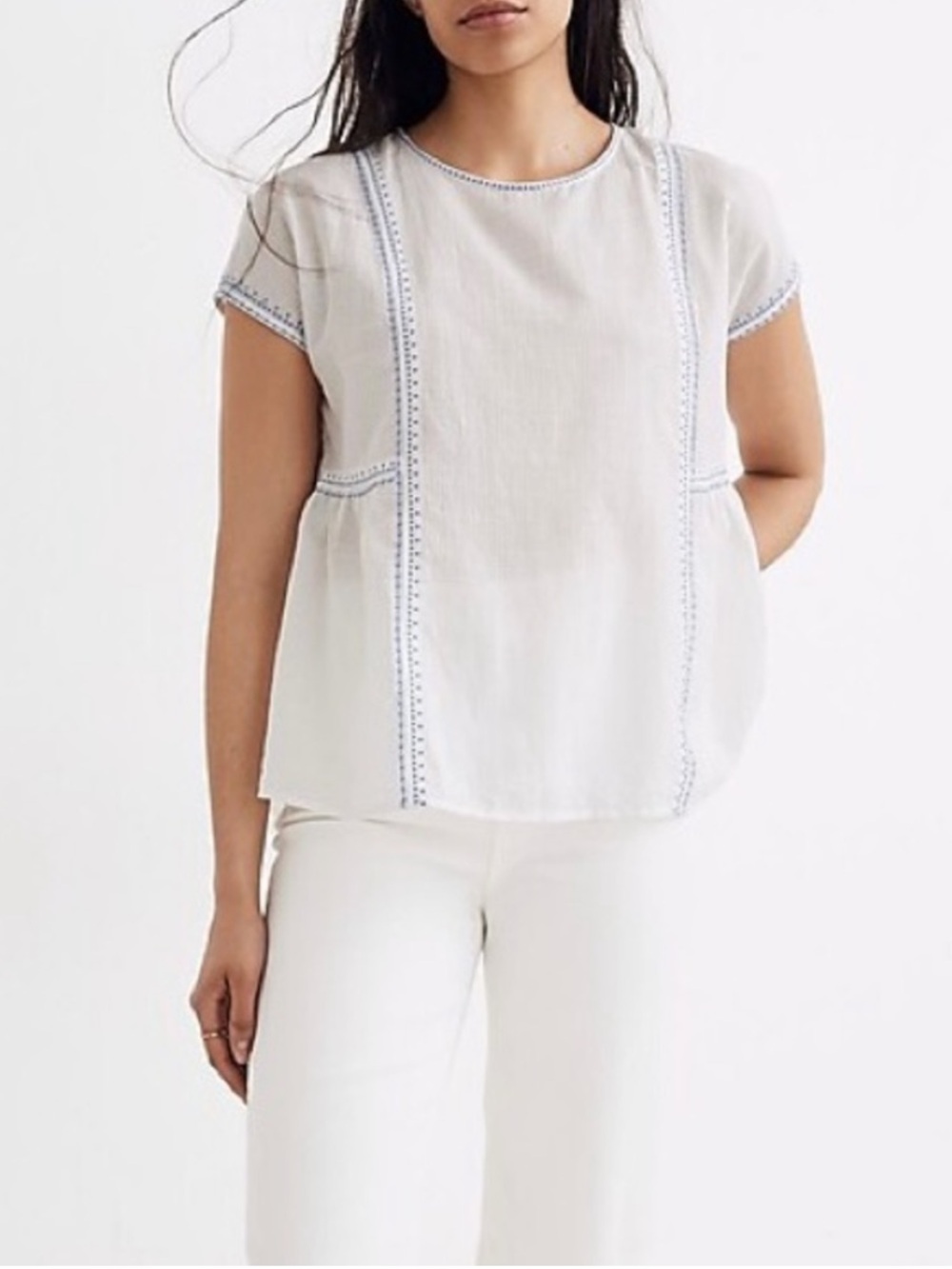 Madewell White Short Sleeve Blouse with Embroidered Blue Trim
